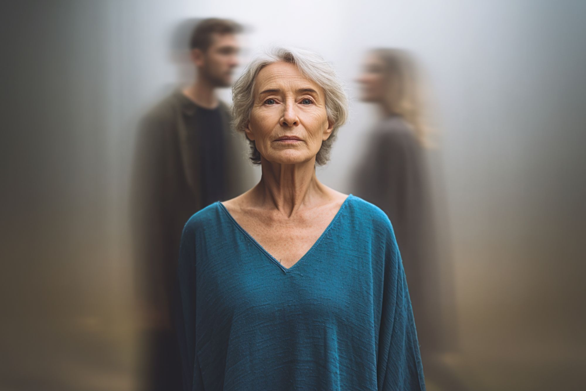 An older woman with gray hair stands in focus wearing a blue top, while two blurry figures, one male and one female, stand behind her in a foggy, muted background.