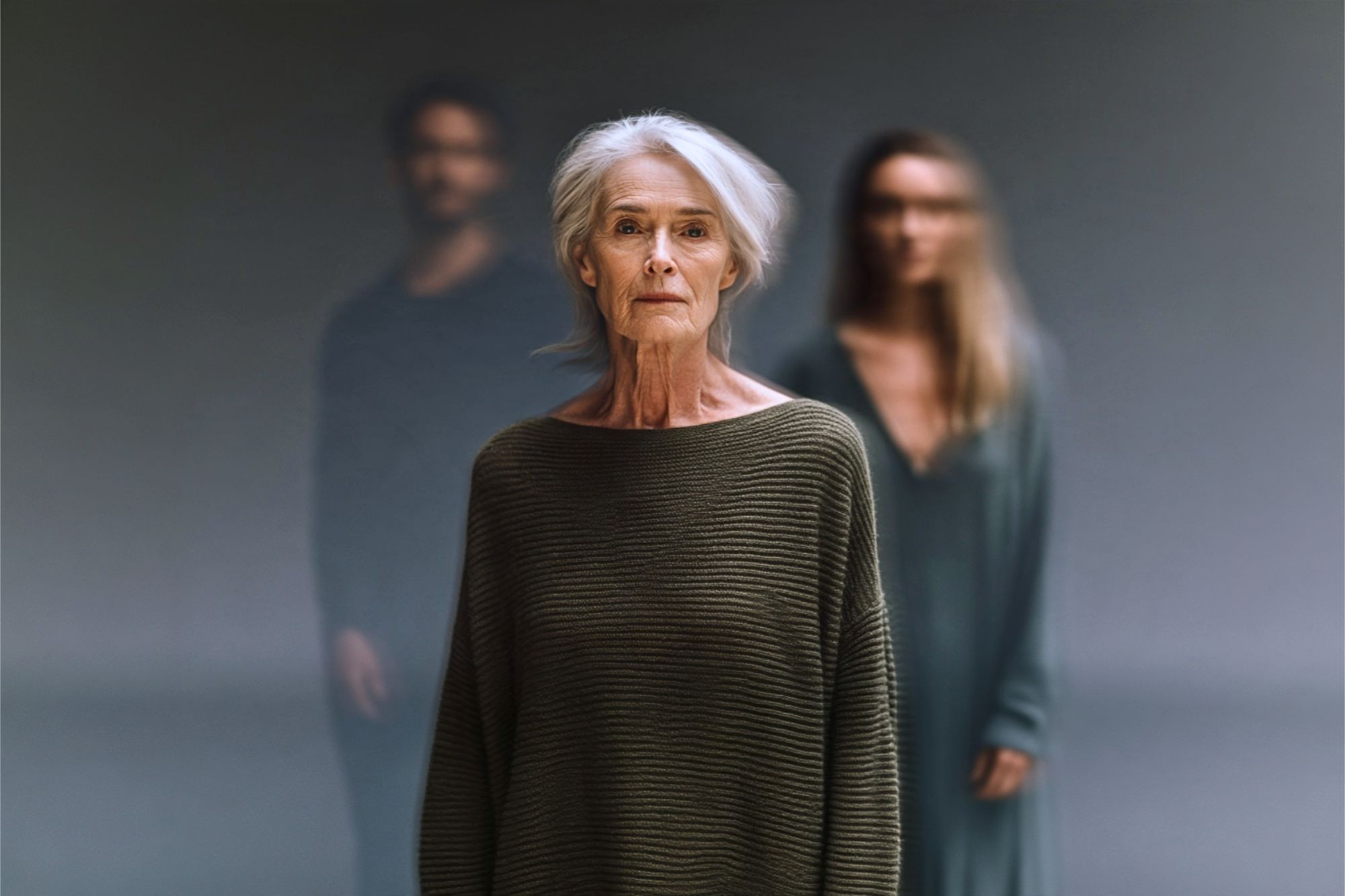 An elderly woman with gray hair stands in focus wearing a loose sweater, while a blurred man and woman stand behind her against a neutral background.