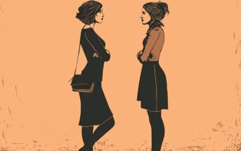 Two women stand facing each other, both with arms crossed, against a plain peach-colored background. They appear to be engaged in a serious conversation.