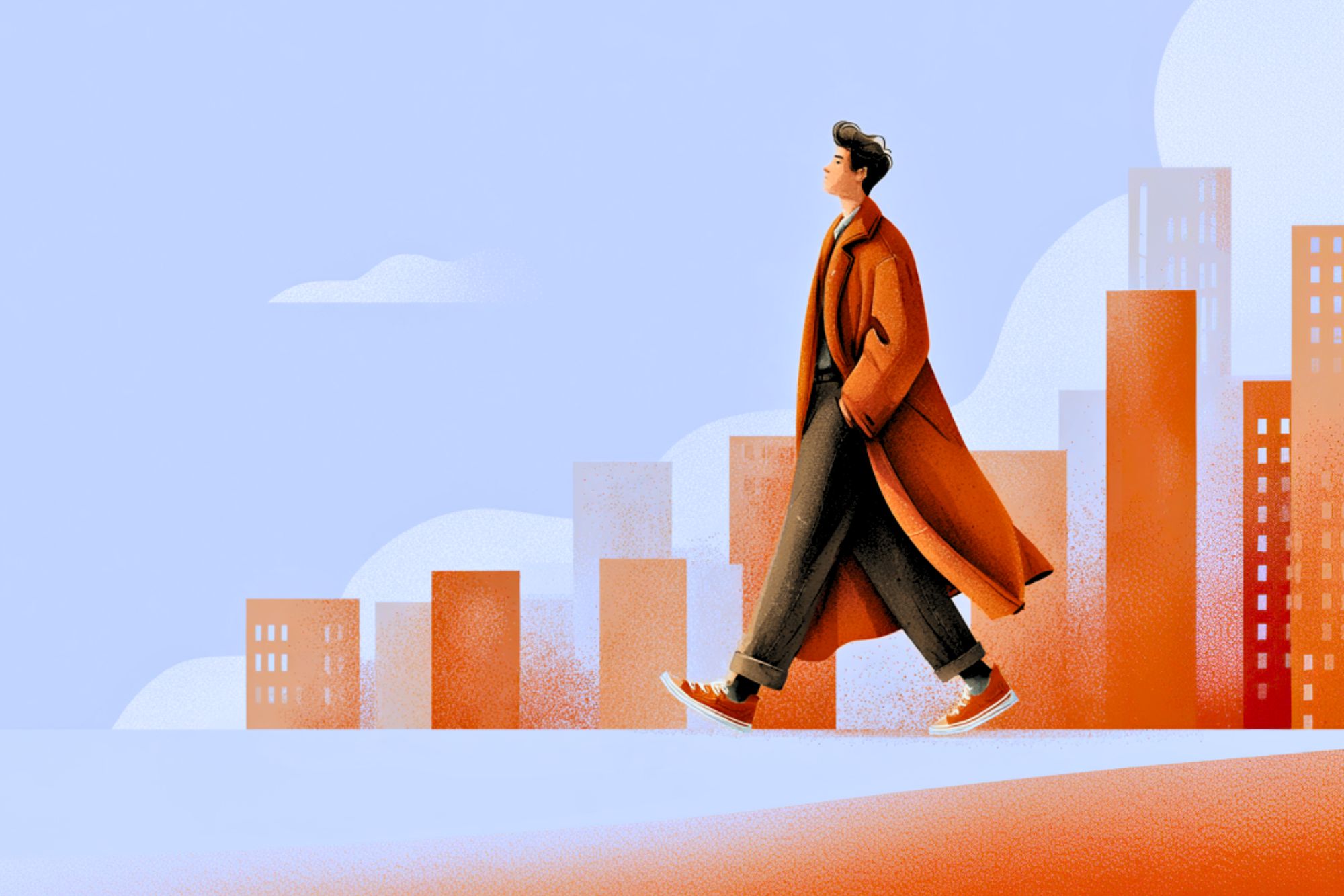 An illustrated person in an orange coat walks confidently past stylized orange and beige buildings against a light blue sky with clouds. The background has a soft, abstract feel.