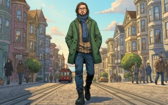 A man with glasses and a green coat walks confidently down a city street lined with colorful Victorian-style houses, as people stroll and a cable car approaches in the background.