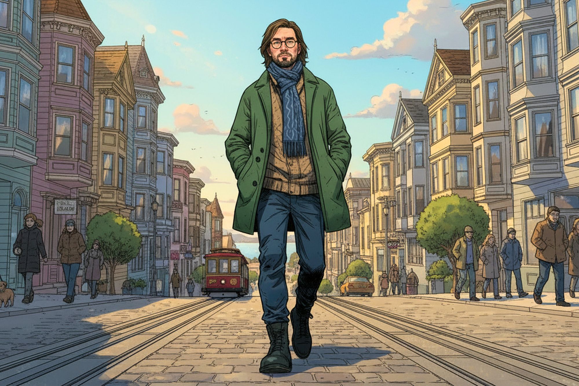 A man with glasses and a green coat walks confidently down a city street lined with colorful Victorian-style houses, as people stroll and a cable car approaches in the background.