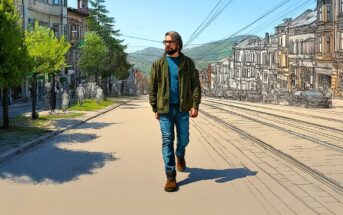 A man with a beard walks down a city street with buildings and trees; the left side is fully colored, while the right side appears as a sketch.