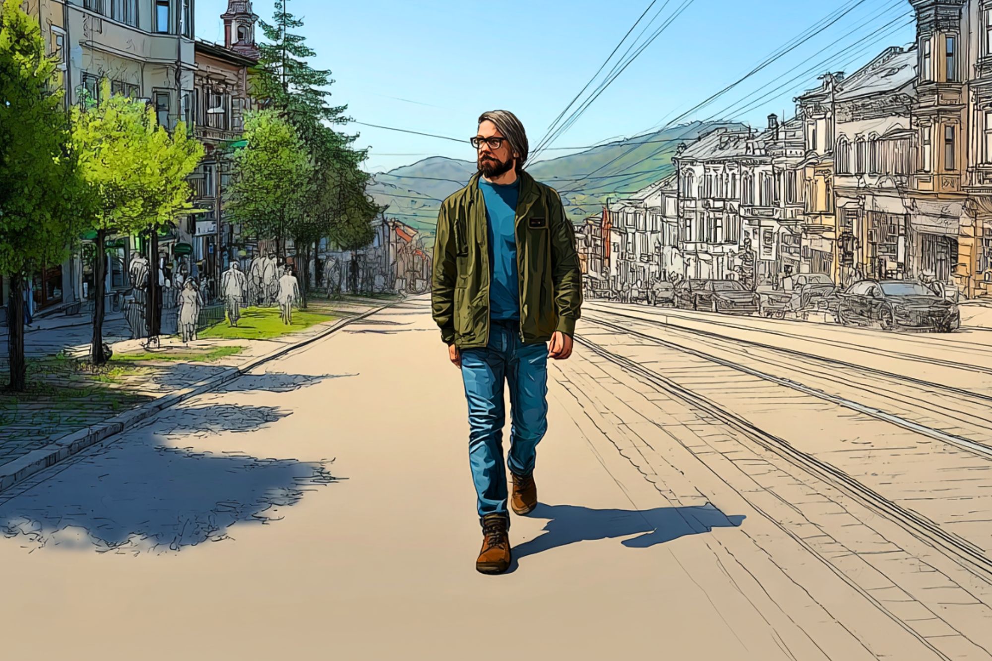 A man with a beard walks down a city street with buildings and trees; the left side is fully colored, while the right side appears as a sketch.