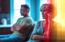 A woman with short gray hair looks thoughtful and concerned while talking on the phone, sitting next to a man with arms crossed, who appears upset. The scene is indoors with dramatic blue and orange lighting.