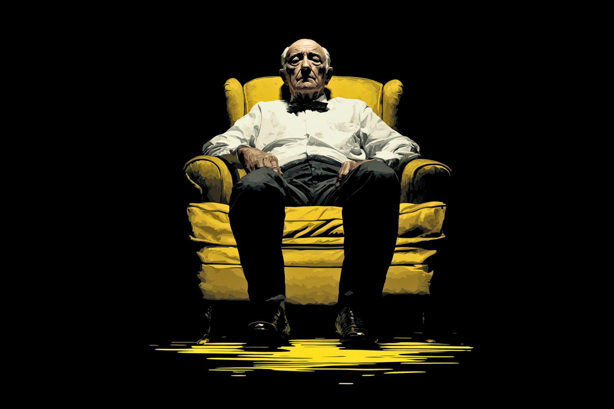 An elderly man in a white shirt and bow tie sits sternly in a yellow armchair, illuminated by dramatic lighting against a dark background.