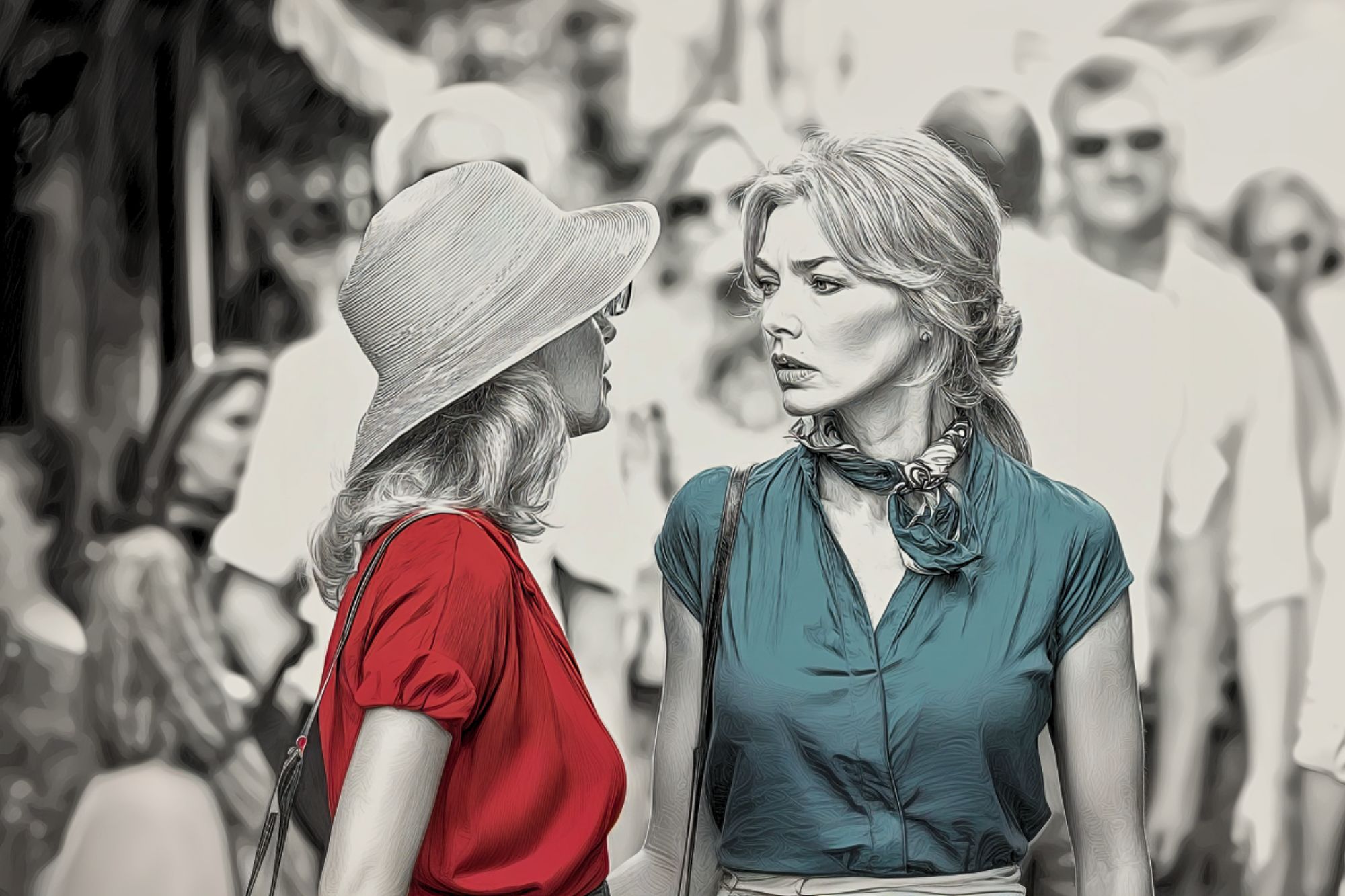 Two women face each other on a crowded street; one wears a red blouse and floppy hat, the other a teal blouse and scarf. The background is blurred, drawing focus to their intense expressions and interaction.