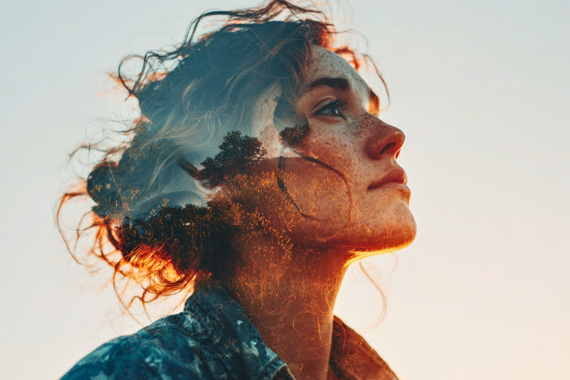 A double exposure image of a young woman with freckles looking upward, her profile blending with a landscape of trees and sunlight, creating a dreamy, artistic effect against a pale sky background.
