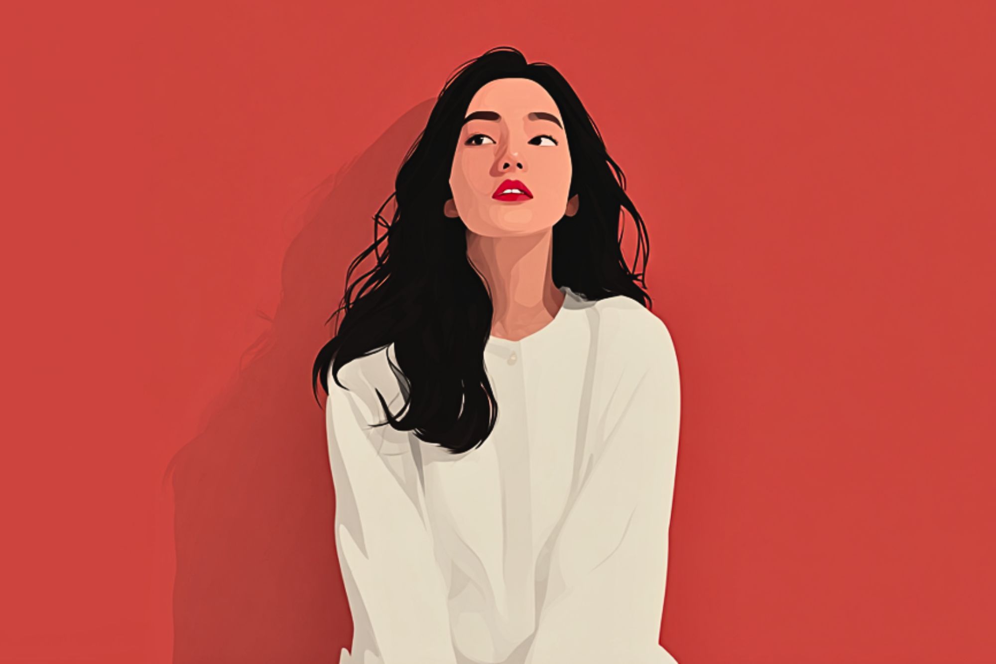 Illustration of a woman with long black hair wearing a white shirt, sitting against a solid red background and looking slightly upwards with a neutral expression.