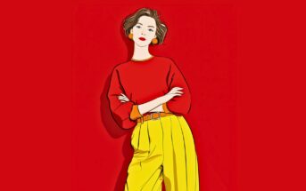 Illustration of a woman with short brown hair, wearing a red long-sleeve top, yellow wide-leg pants, orange earrings, and a belt, standing with arms crossed against a bright red background.