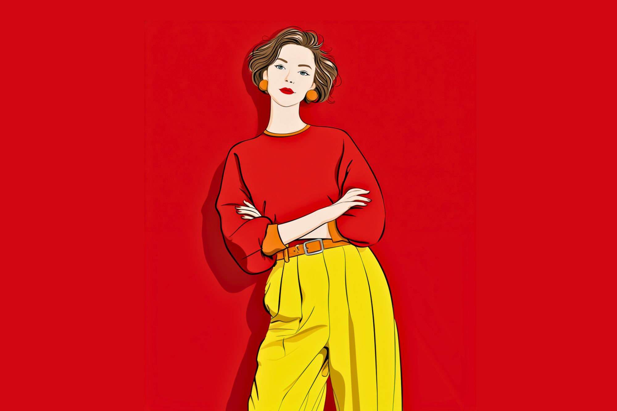 Illustration of a woman with short brown hair, wearing a red long-sleeve top, yellow wide-leg pants, orange earrings, and a belt, standing with arms crossed against a bright red background.