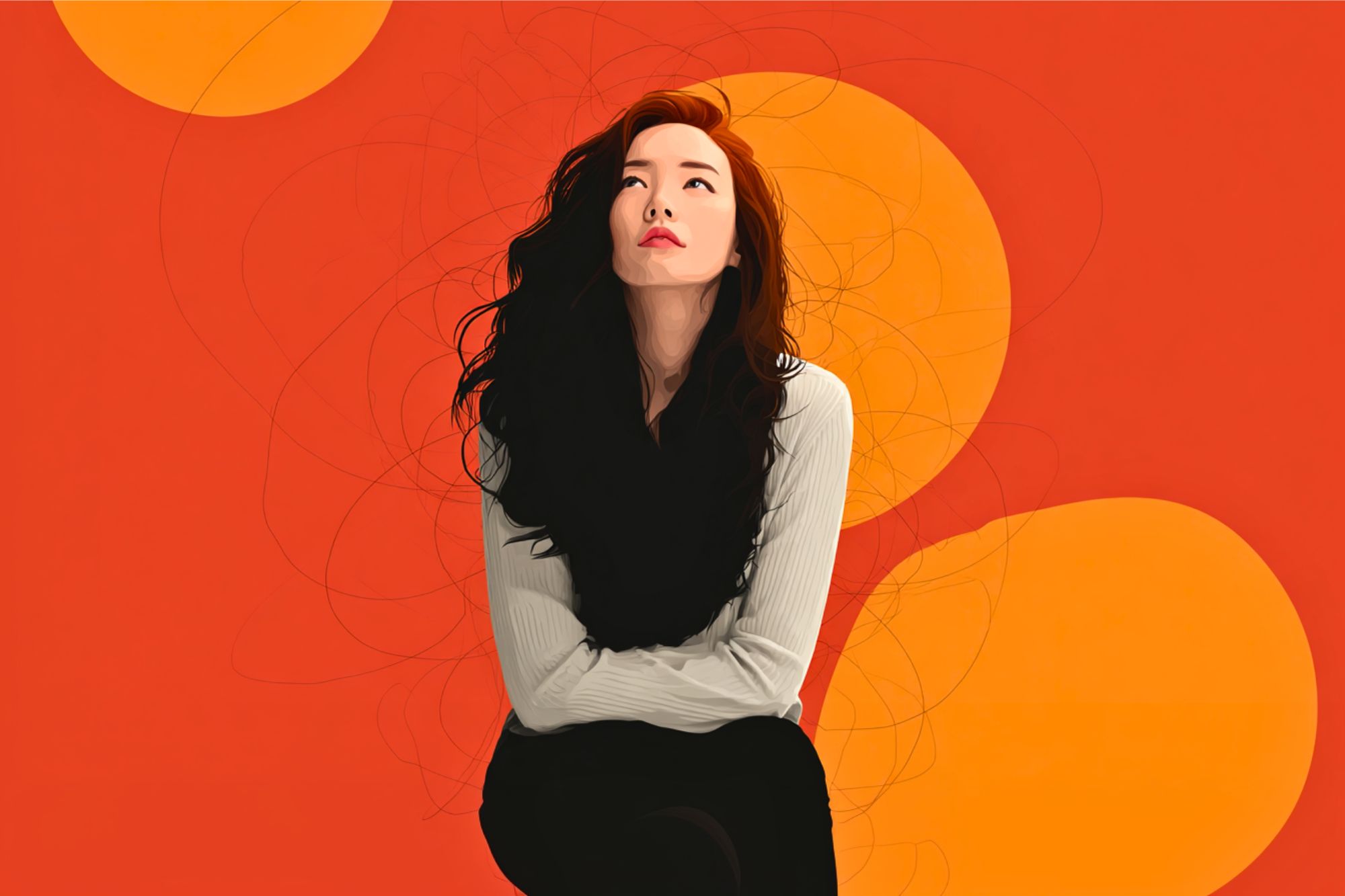 A woman with long, wavy dark hair sits with arms crossed, gazing upward. She wears a light sweater and dark scarf. The background is bright orange with large, overlapping yellow circles.