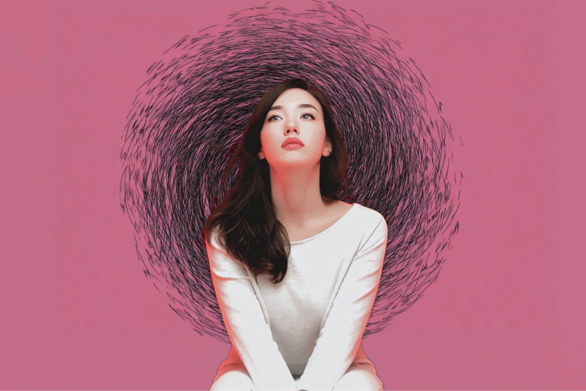 A woman in a white outfit sits against a pink background, looking upward. Behind her, a swirling pattern of black lines forms a circular shape, creating a halo-like effect.
