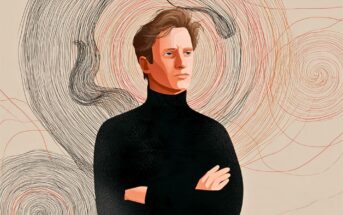 Illustration of a man in a black turtleneck standing with his arms crossed against a backdrop of swirling red and black lines.