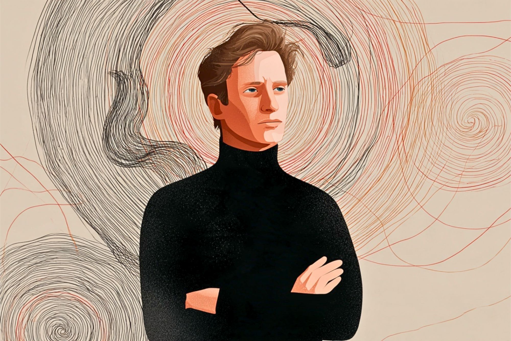 Illustration of a man in a black turtleneck standing with his arms crossed against a backdrop of swirling red and black lines.