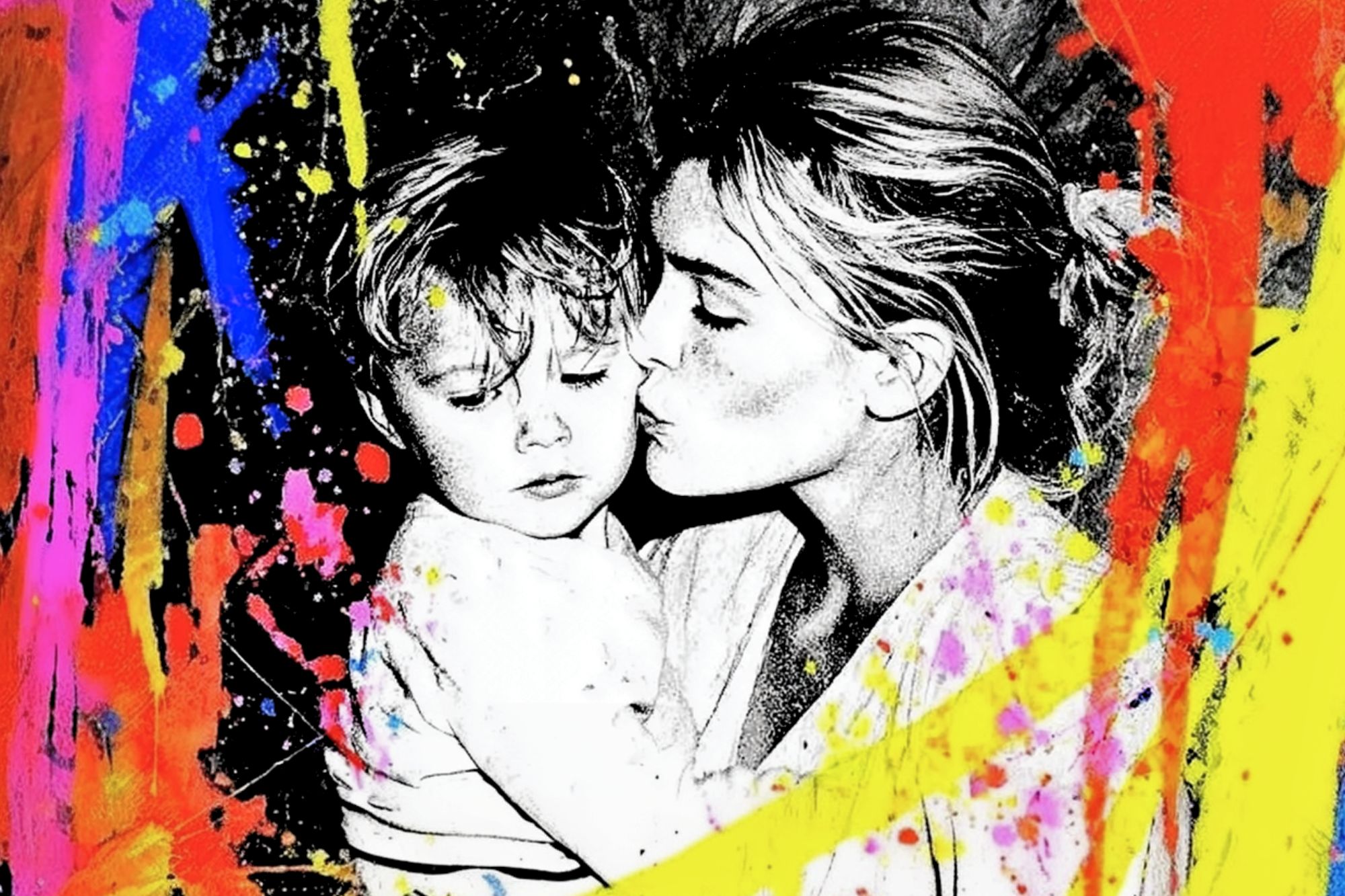 A woman kisses a young child on the cheek. The black-and-white image is surrounded by vibrant splashes of pink, yellow, orange, and blue paint, creating an expressive, colorful frame.