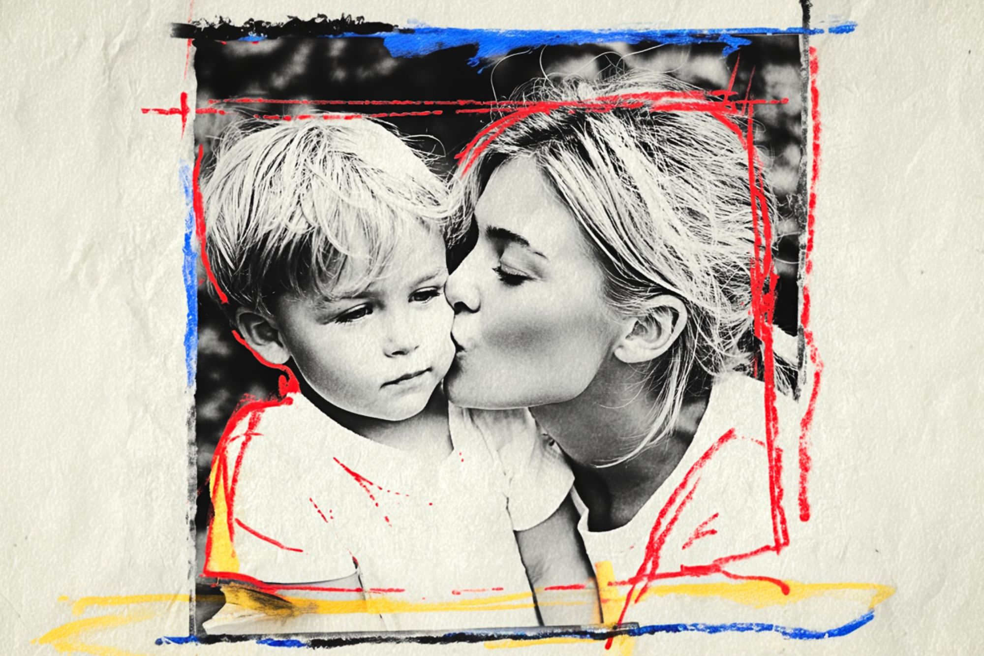 Black-and-white photo of a woman kissing a young boy on the cheek, both wearing light shirts. The image is framed with colorful, hand-drawn red, blue, and yellow lines on a textured paper background.