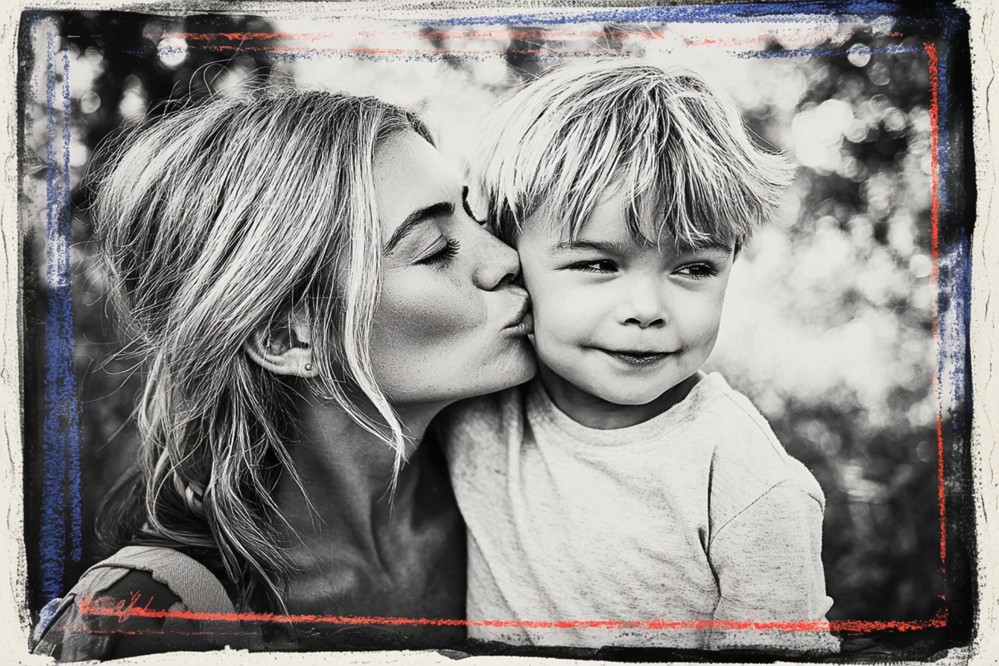 A woman kisses a young boy on the cheek outdoors. Both have light hair, and the boy smiles softly. The black-and-white image is framed with a rough border featuring blue and red lines.
