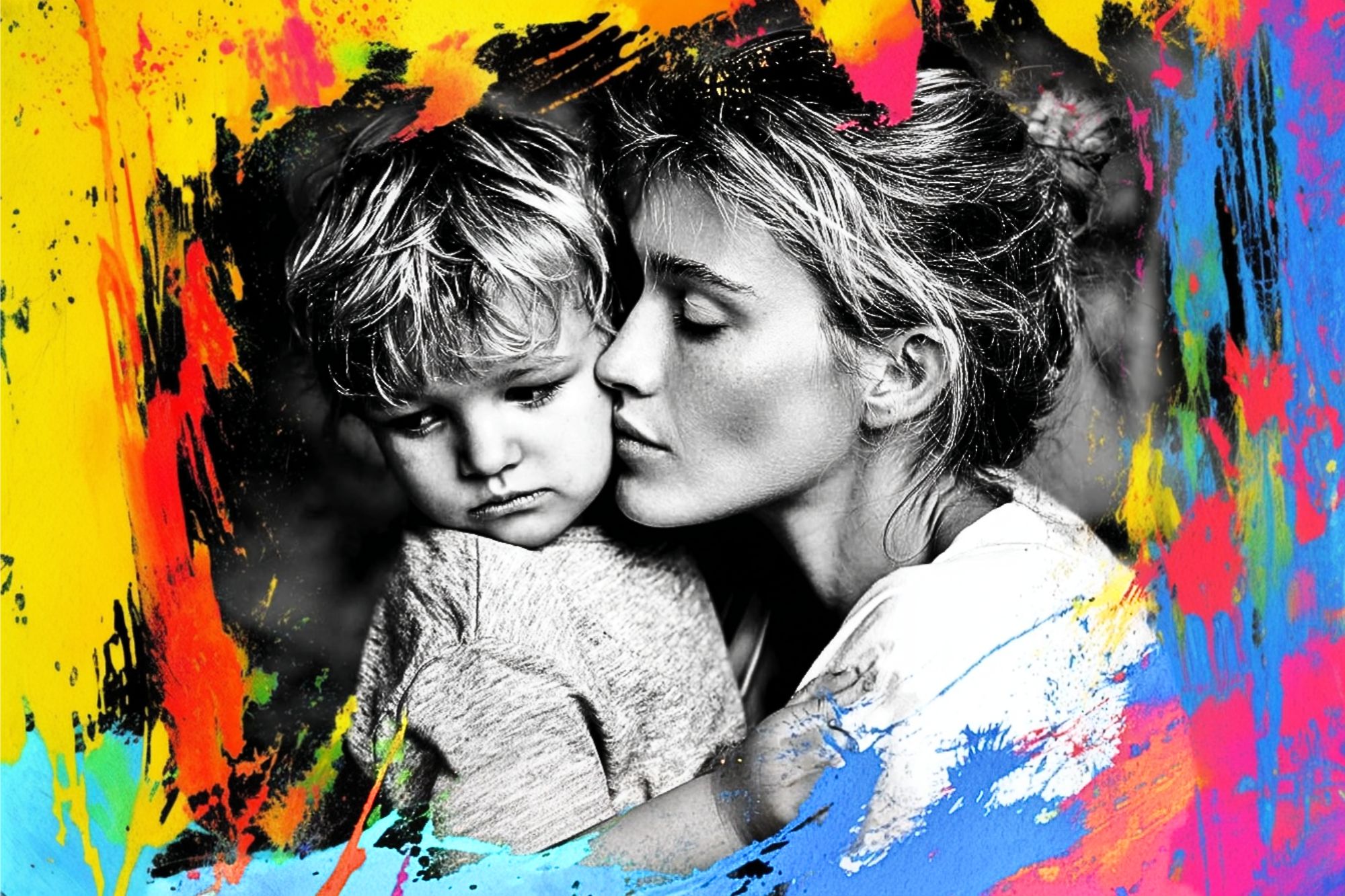A black-and-white photo of a woman hugging a young child, surrounded by a vibrant, colorful paint splash border in yellow, red, blue, and pink. The mood is tender and affectionate.