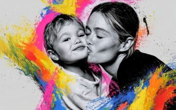 A woman kisses a smiling child on the cheek; both are in black and white, surrounded by vivid splashes of yellow, pink, blue, and orange paint on a white background.