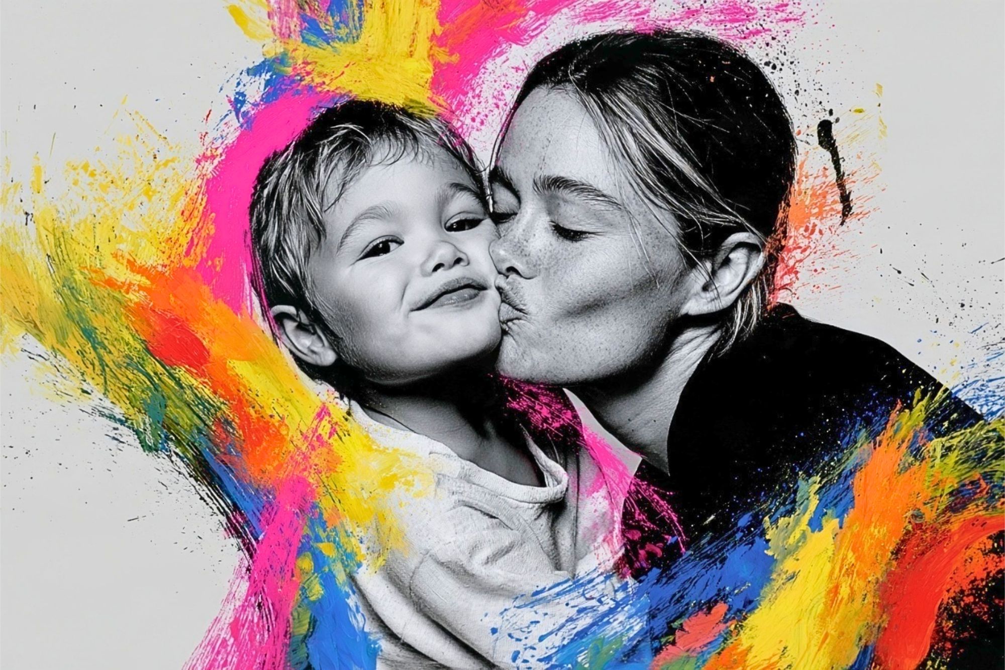 A woman kisses a smiling child on the cheek; both are in black and white, surrounded by vivid splashes of yellow, pink, blue, and orange paint on a white background.