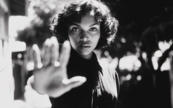 A woman with curly hair stands outdoors, looking seriously at the camera with her hand raised toward the lens, palm open as if signaling "stop." The image is in black and white.