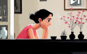 Illustration of a woman with dark hair in a pink top, resting her chin on her hands, gazing thoughtfully at pink flowers in vases on a windowsill, with framed art and shelves in the background.