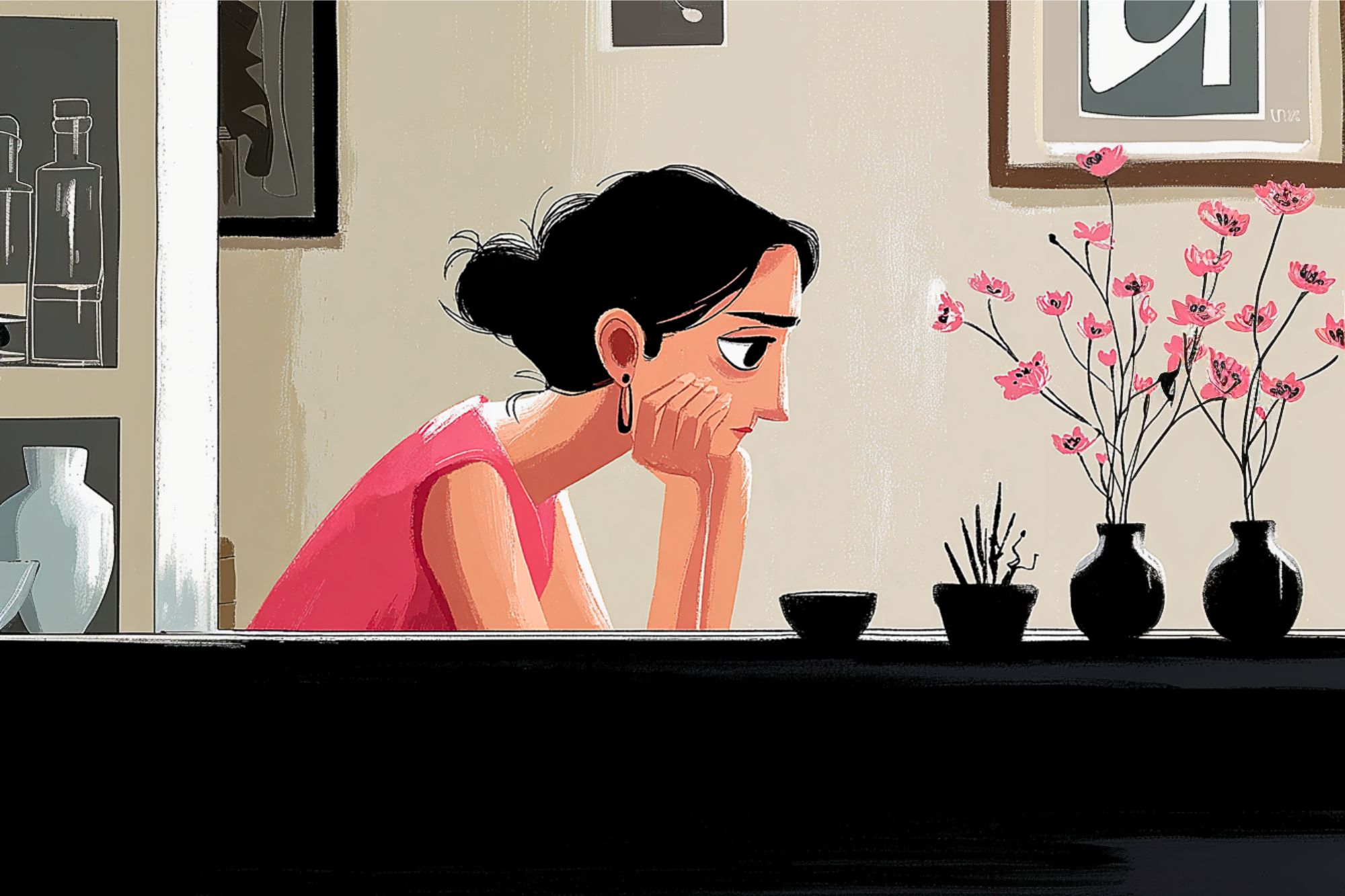 Illustration of a woman with dark hair in a pink top, resting her chin on her hands, gazing thoughtfully at pink flowers in vases on a windowsill, with framed art and shelves in the background.
