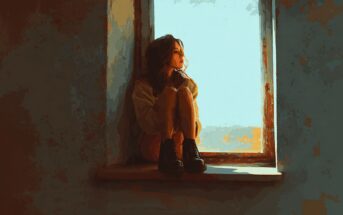 A person sits on a windowsill, knees drawn up to their chest, gazing thoughtfully outside. Sunlight streams through the window, casting a warm glow and creating dramatic shadows on the wall.