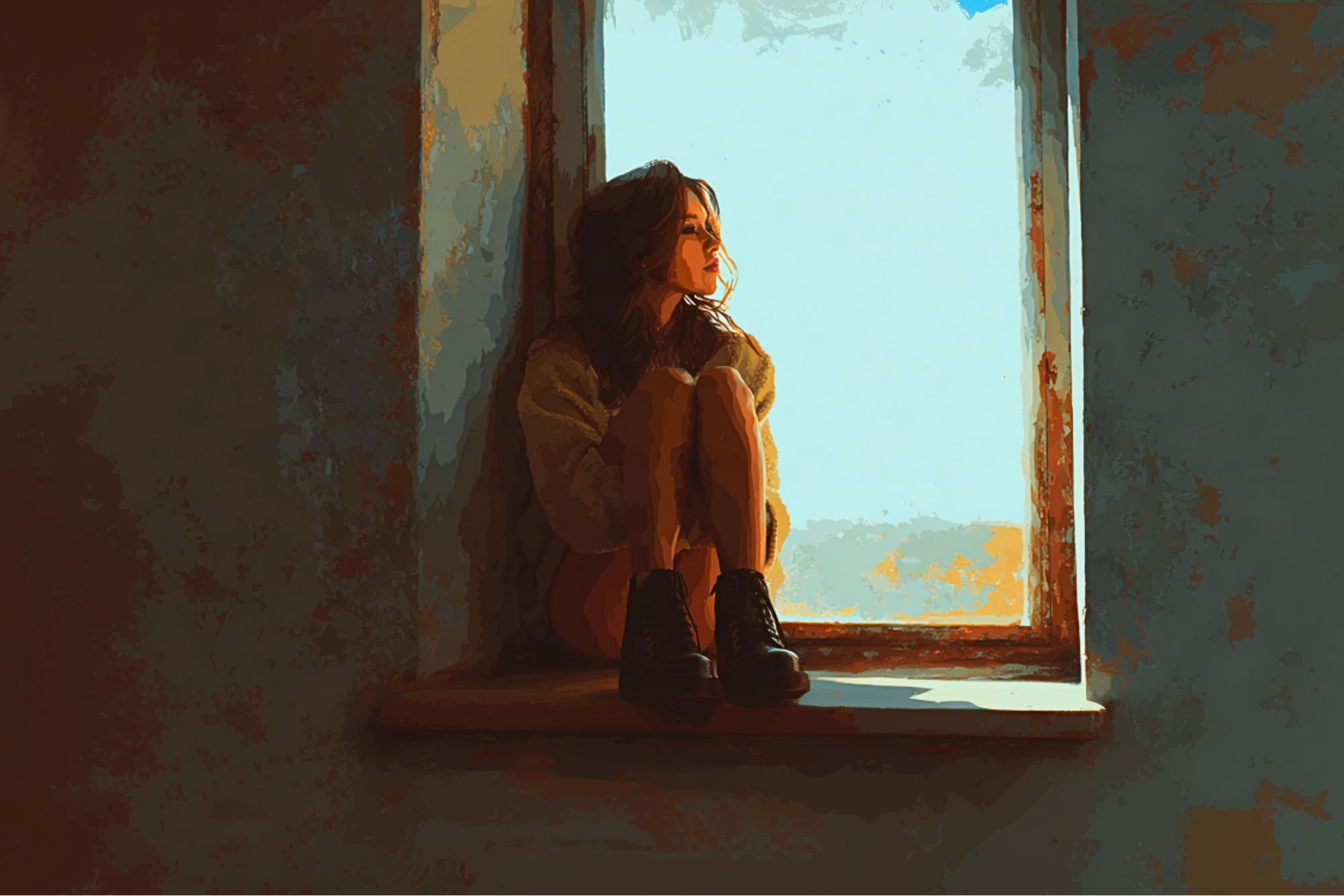 A person sits on a windowsill, knees drawn up to their chest, gazing thoughtfully outside. Sunlight streams through the window, casting a warm glow and creating dramatic shadows on the wall.
