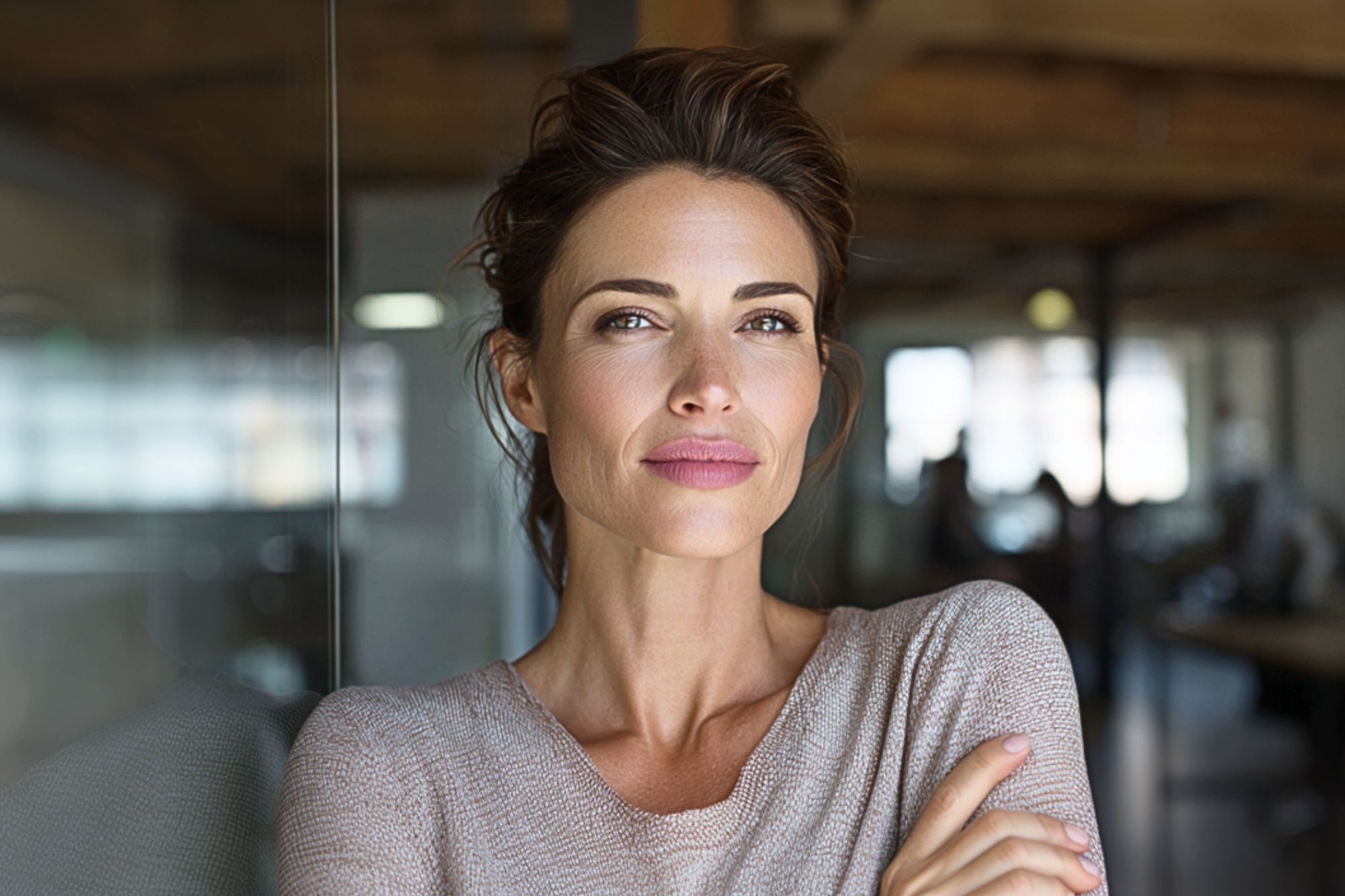 A woman with brown hair tied back, wearing a light sweater, stands indoors with arms crossed, looking confidently at the camera. The background shows a modern office with warm lighting and blurred figures.