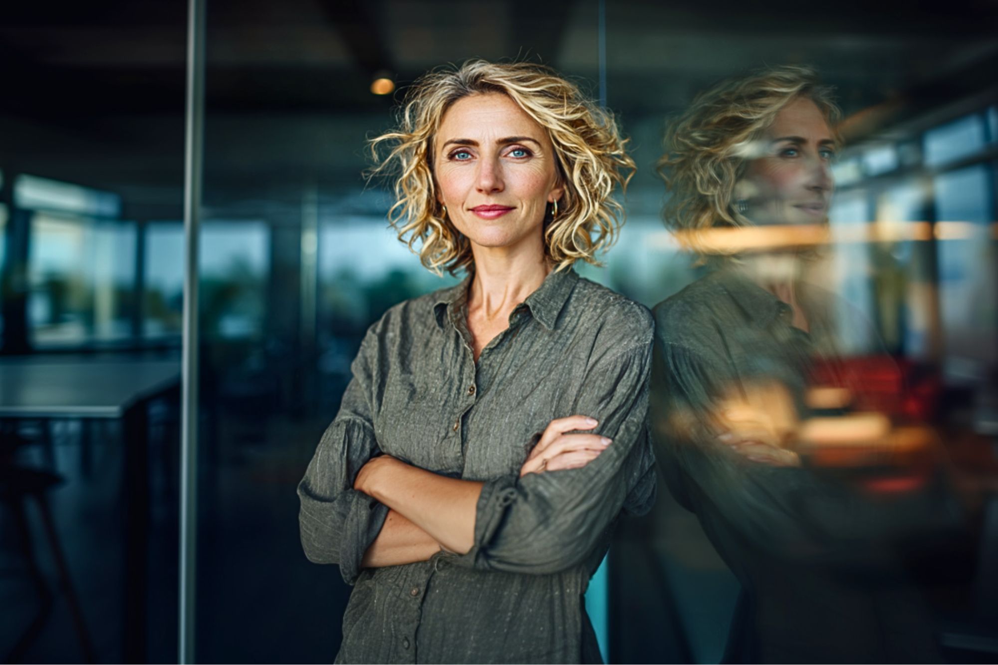 A confident woman with wavy blond hair and a gray shirt stands with arms crossed, looking at the camera. She is indoors, next to a glass wall that reflects her image.