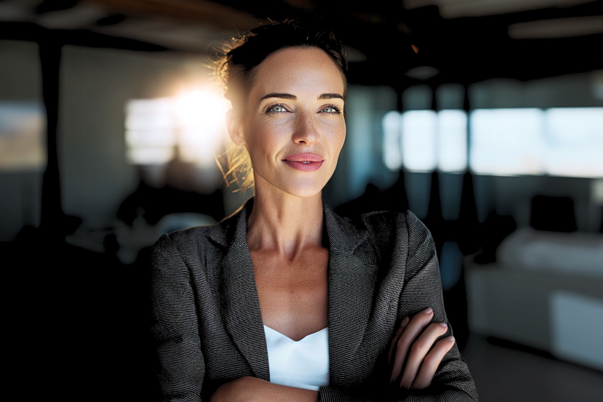 Confident woman in a grey blazer stands with arms crossed, smiling slightly. Sunlight streams through windows behind her in a modern office setting, creating a warm and professional atmosphere.