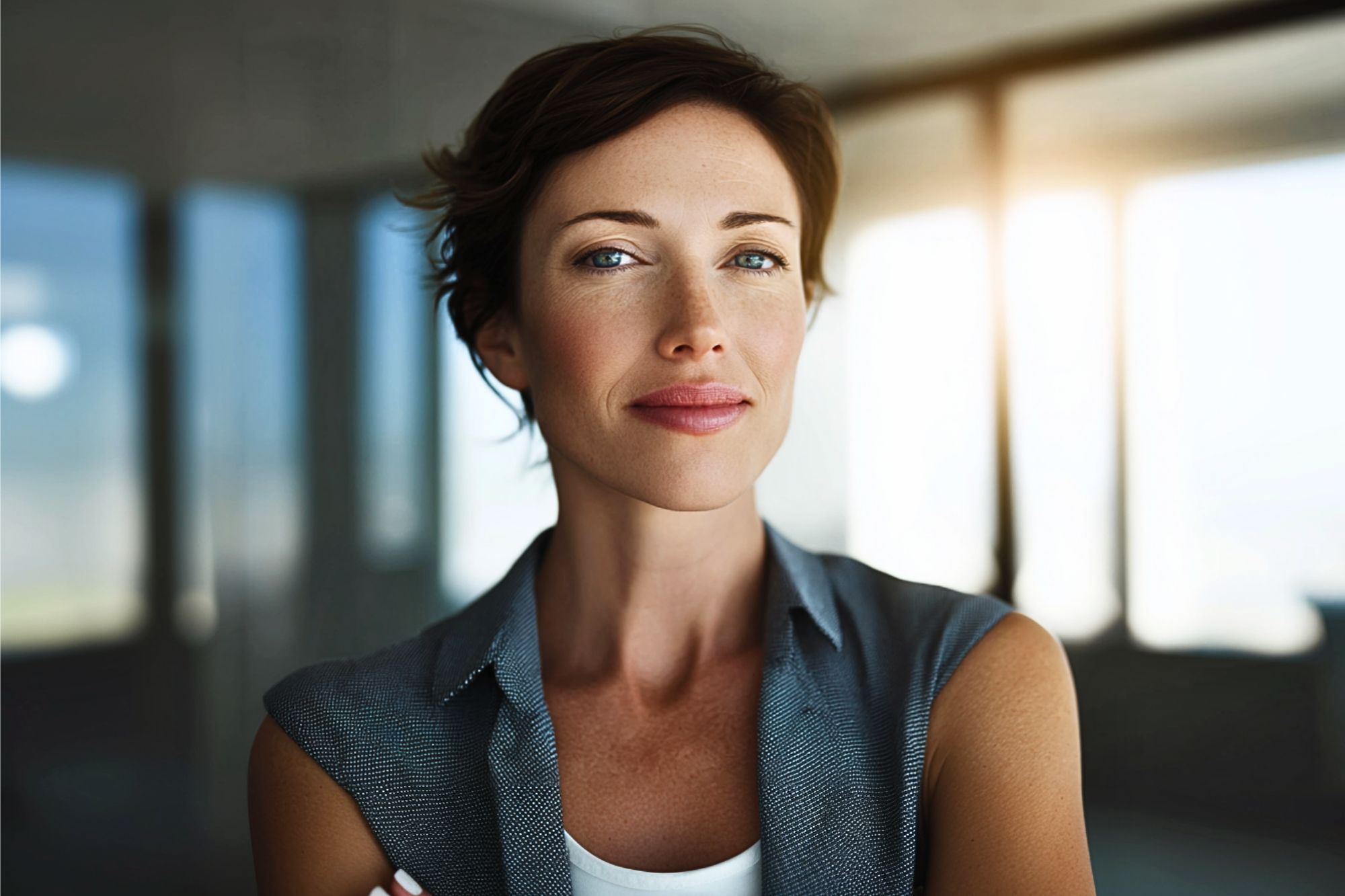 A confident woman with short brown hair and blue eyes stands indoors, smiling slightly, with sunlight streaming through large windows in the background.