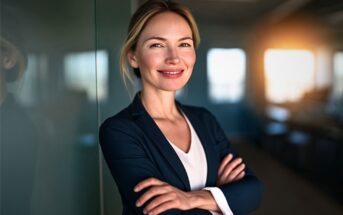 A smiling woman in a navy blazer with her arms crossed, standing in an office.