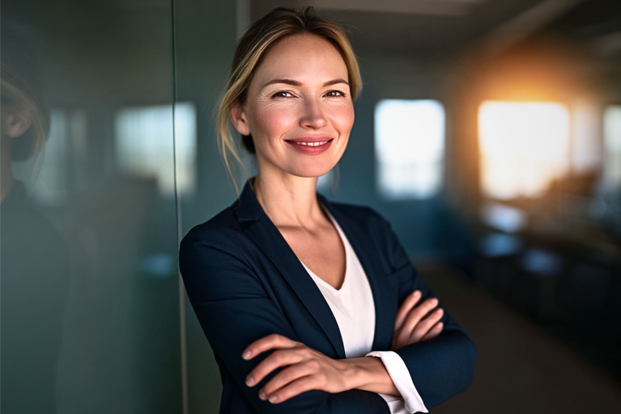 A smiling woman in a navy blazer with her arms crossed, standing in an office.