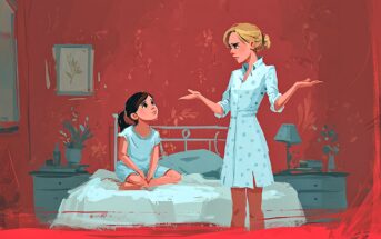 A young girl sits cross-legged on a bed, looking up at a woman standing beside her with an exasperated expression and raised hands. The room has red walls, a lamp, and framed pictures.