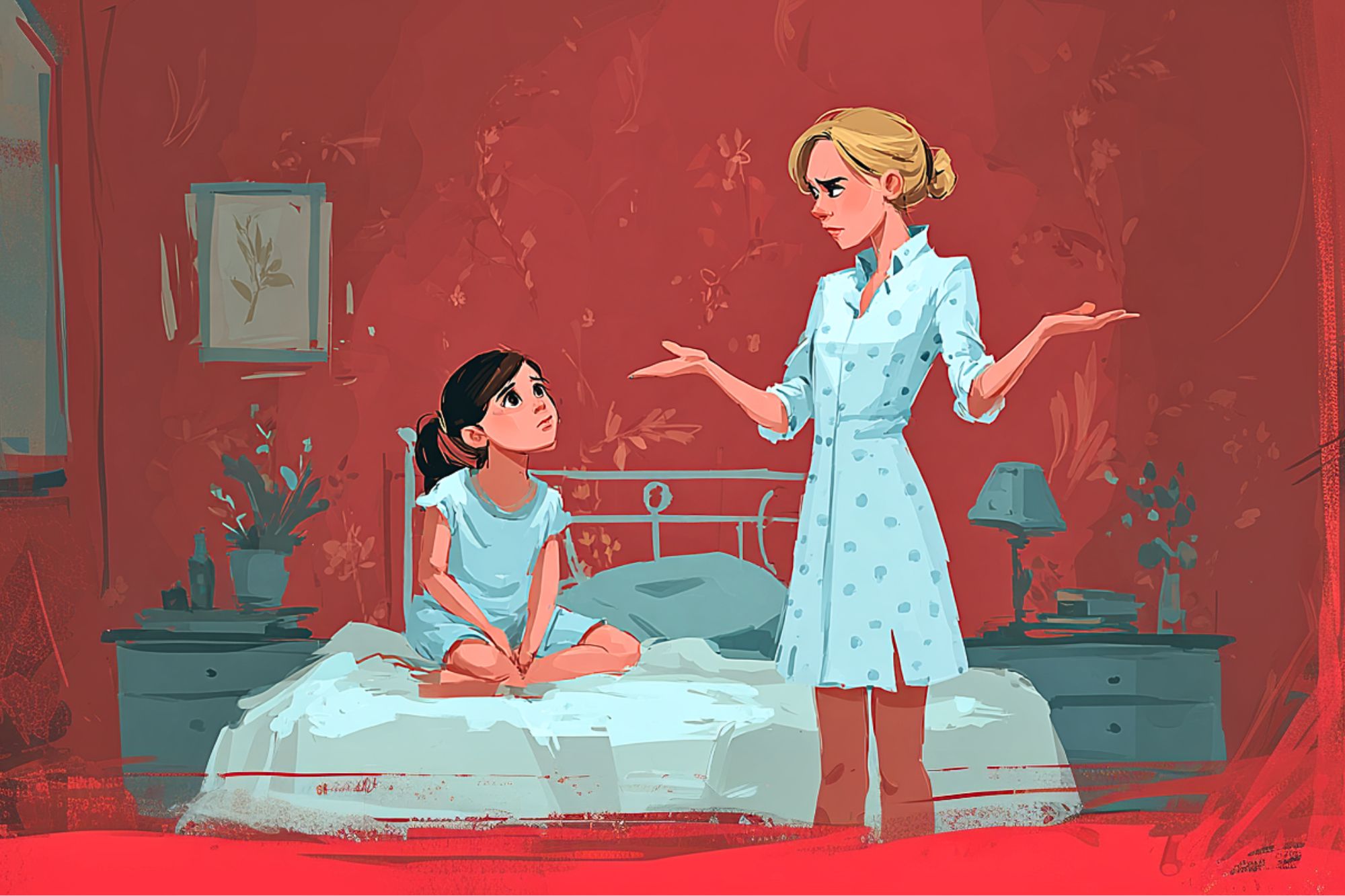 A young girl sits cross-legged on a bed, looking up at a woman standing beside her with an exasperated expression and raised hands. The room has red walls, a lamp, and framed pictures.