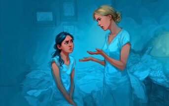 Two women in pajamas have a serious conversation in a dimly lit, blue-toned bedroom. One sits on the bed looking upset, while the other stands, gesturing as she speaks. The room appears cluttered and tense.