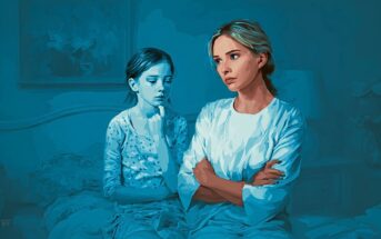 A young girl and a woman sit on a bed in a blue-lit room. The woman looks upset, with arms crossed, while the girl looks sad and pensive, her hand touching her face.