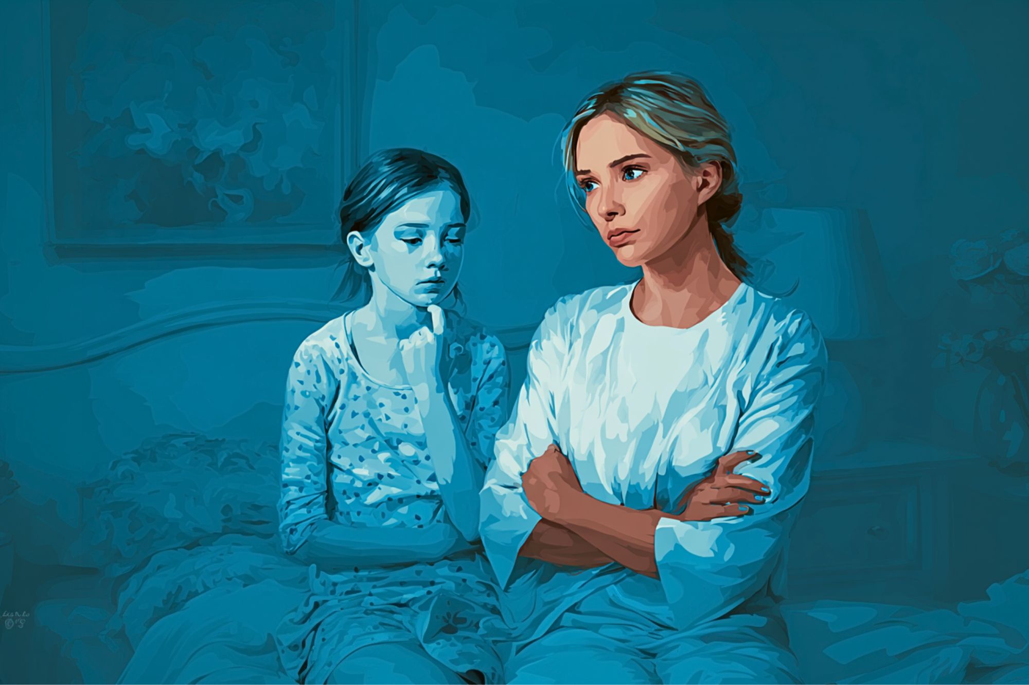 A young girl and a woman sit on a bed in a blue-lit room. The woman looks upset, with arms crossed, while the girl looks sad and pensive, her hand touching her face.
