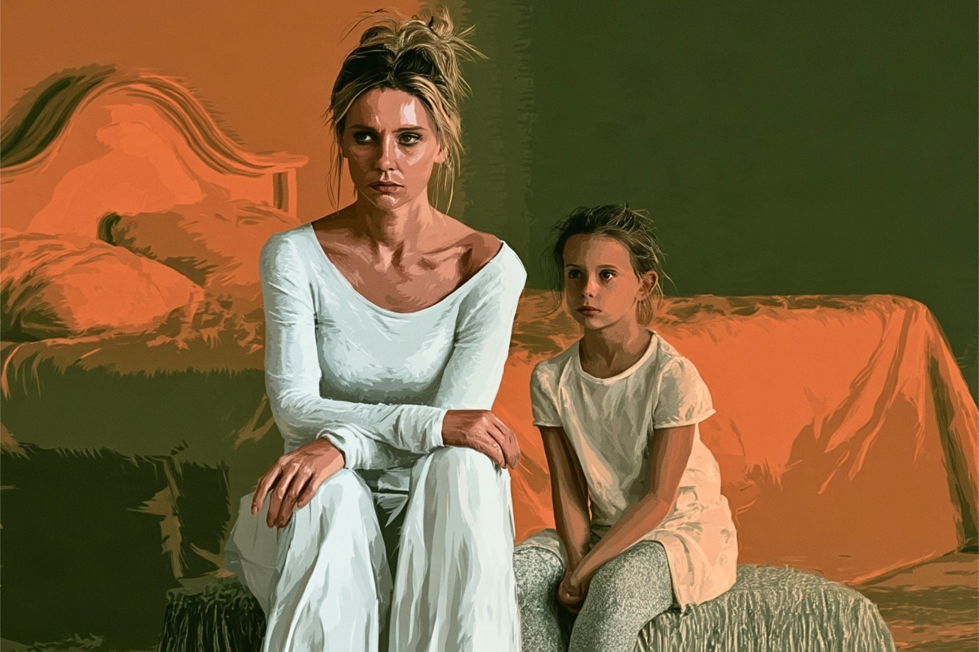 An adult woman and a young girl sit side-by-side in a room with orange and green walls, both looking forward with serious expressions.