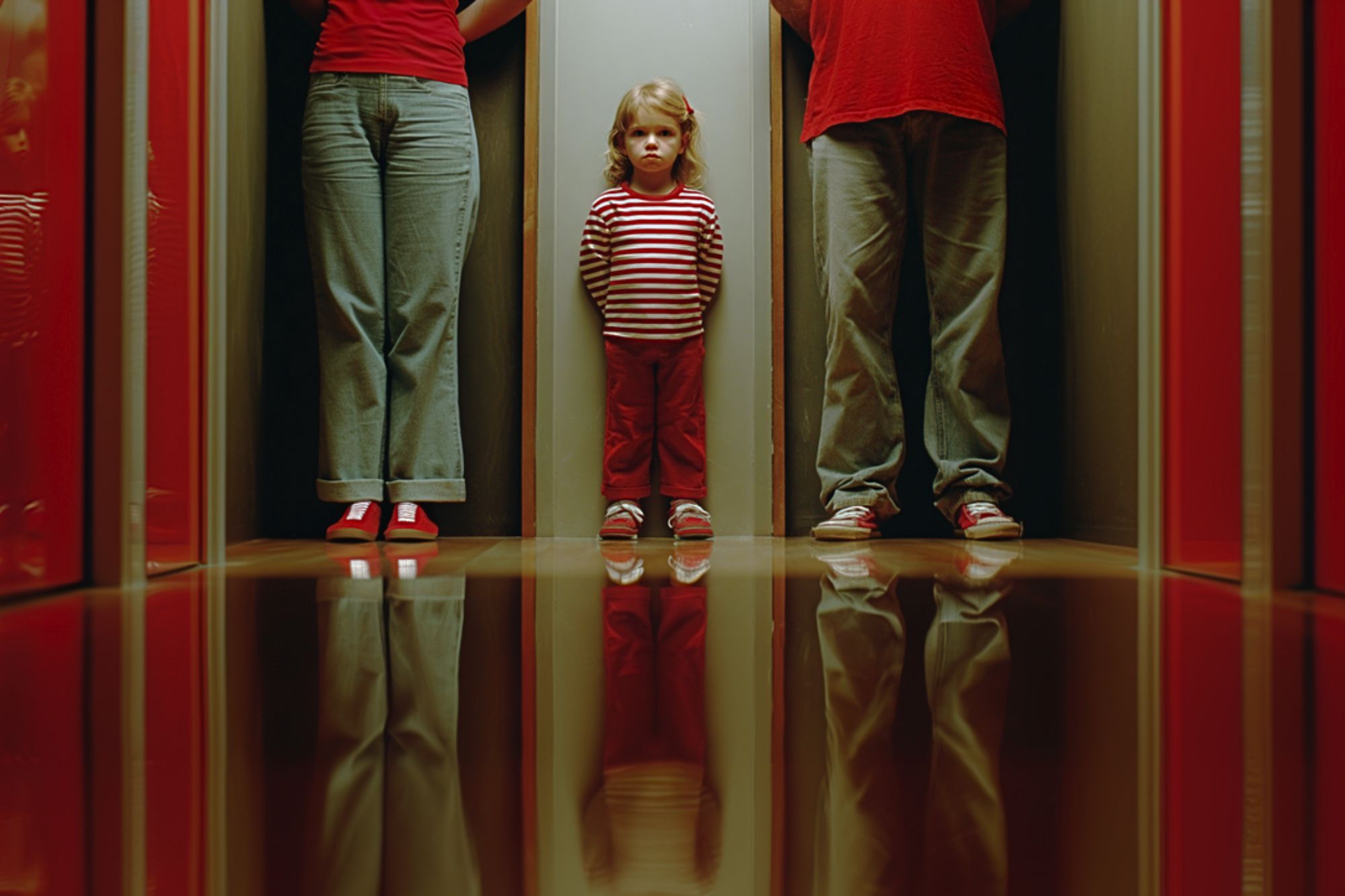 A young girl in red and white striped clothes stands between two adults, all wearing red shoes and jeans, reflected on a shiny floor. The adults’ faces are out of frame.