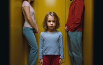 A young girl stands in the foreground looking serious, while two adults, a woman and a man, face away from each other in the background. The scene is set in a yellow hallway, conveying a tense atmosphere.