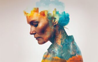 A double exposure image of a woman in profile with a calm expression, blended with a city skyline and vibrant, colorful clouds, symbolizing a connection between thoughts and urban life.
