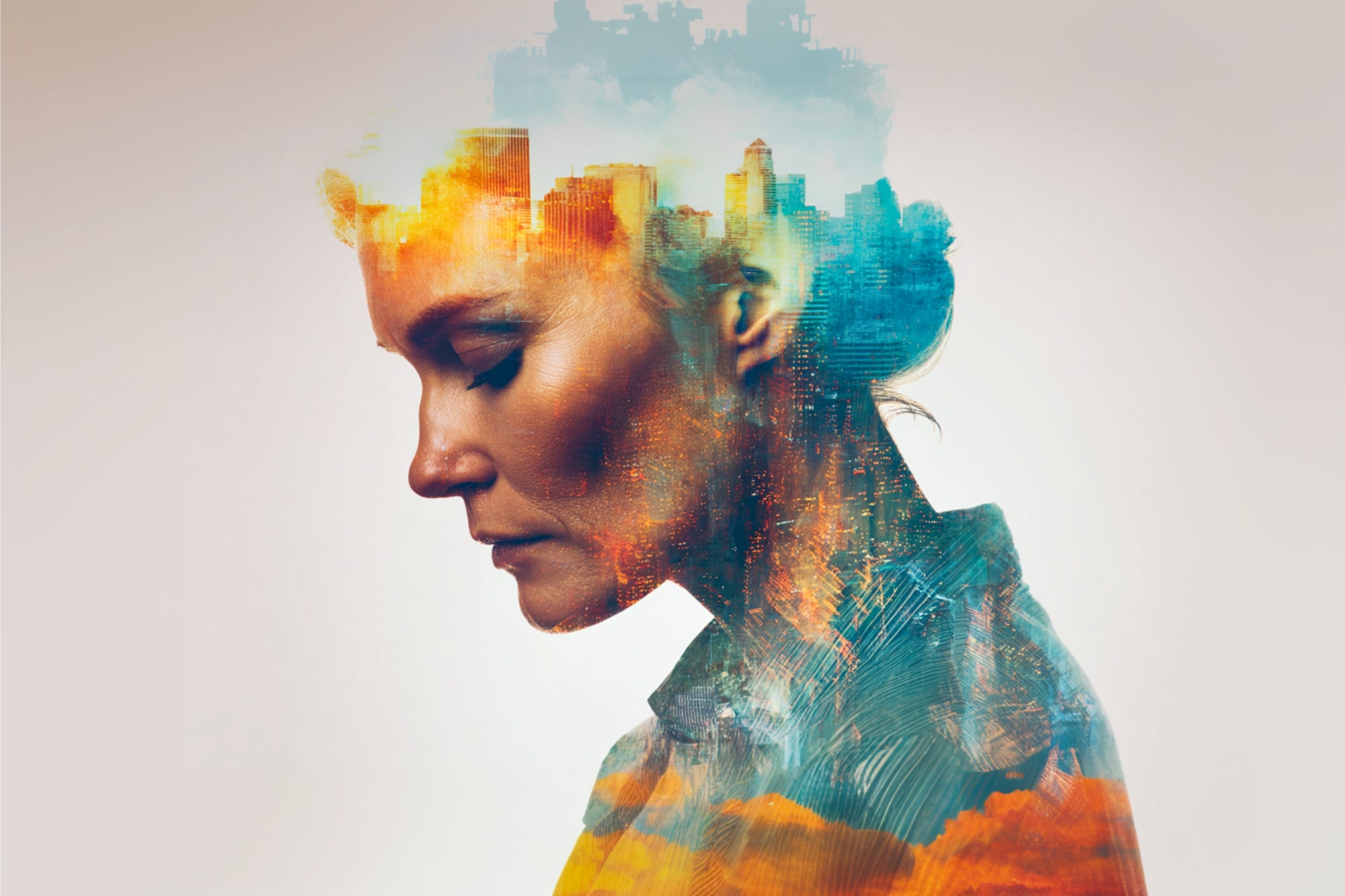 A double exposure image of a woman in profile with a calm expression, blended with a city skyline and vibrant, colorful clouds, symbolizing a connection between thoughts and urban life.