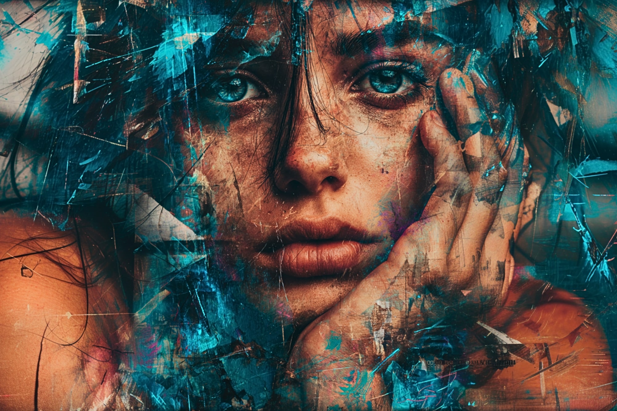 A close-up of a person's face with expressive eyes, resting their chin on their hand, overlaid with vibrant abstract blue and orange paint splatters and textures, creating a mixed-media artistic effect.