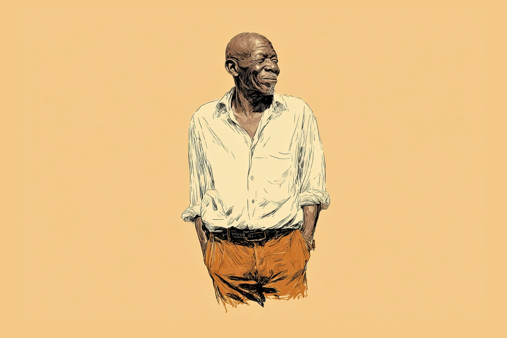 Illustration of an older man with a bald head, wearing a white button-up shirt and orange pants, smiling with his hands in his pockets, set against a plain beige background.