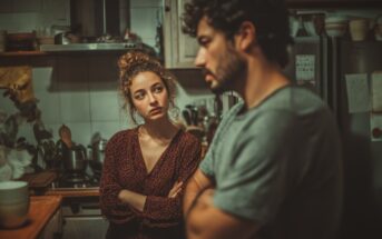 A woman with curly hair and a red dress stands in a kitchen with her arms crossed, looking intently at a man in a gray shirt who faces away, creating a tense atmosphere between them.
