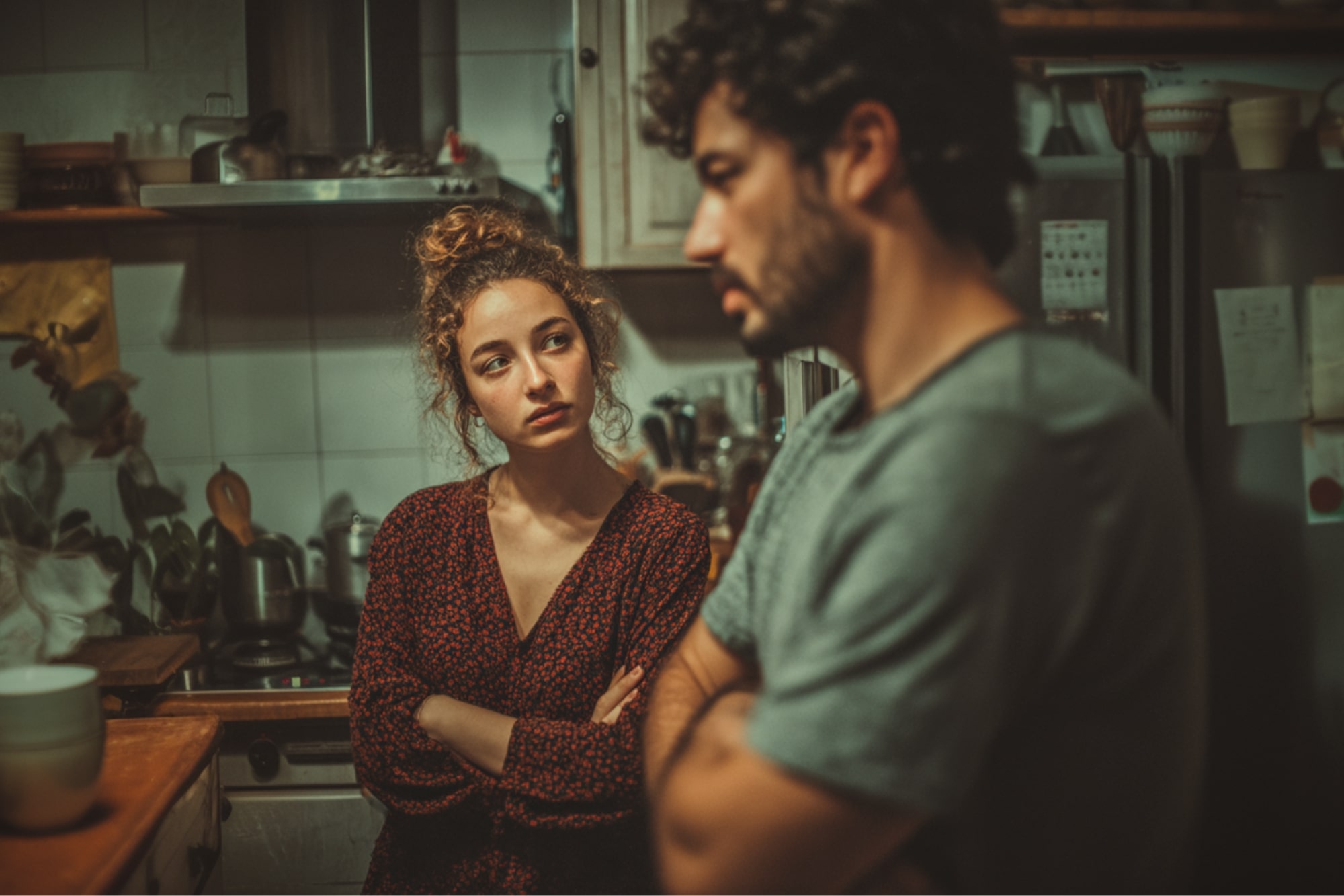 A woman with curly hair and a red dress stands in a kitchen with her arms crossed, looking intently at a man in a gray shirt who faces away, creating a tense atmosphere between them.